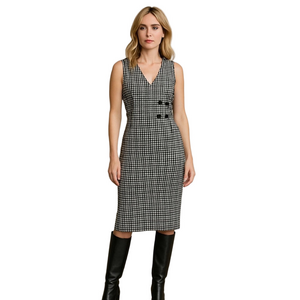 Vintage 80’s Plaid Sleeveless Pencil Dress Black White Checked Belt Detail